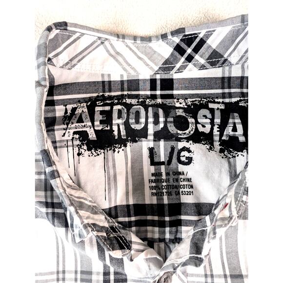 Aeropostale Shirt Men's Short Sleeve Shirt Gray Black Plaid‎ Cotton Button Large - Picture 4 of 6